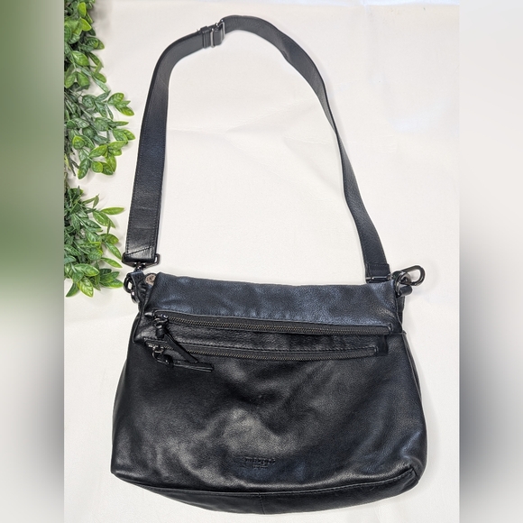 Margot black leather double zipper foldover crossbody purse - Picture 1 of 12